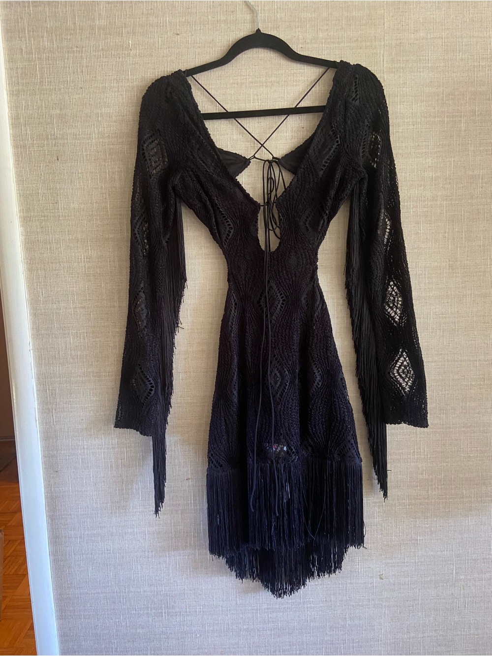 For Love & Lemons Black Crochet Backless Fringe Dress